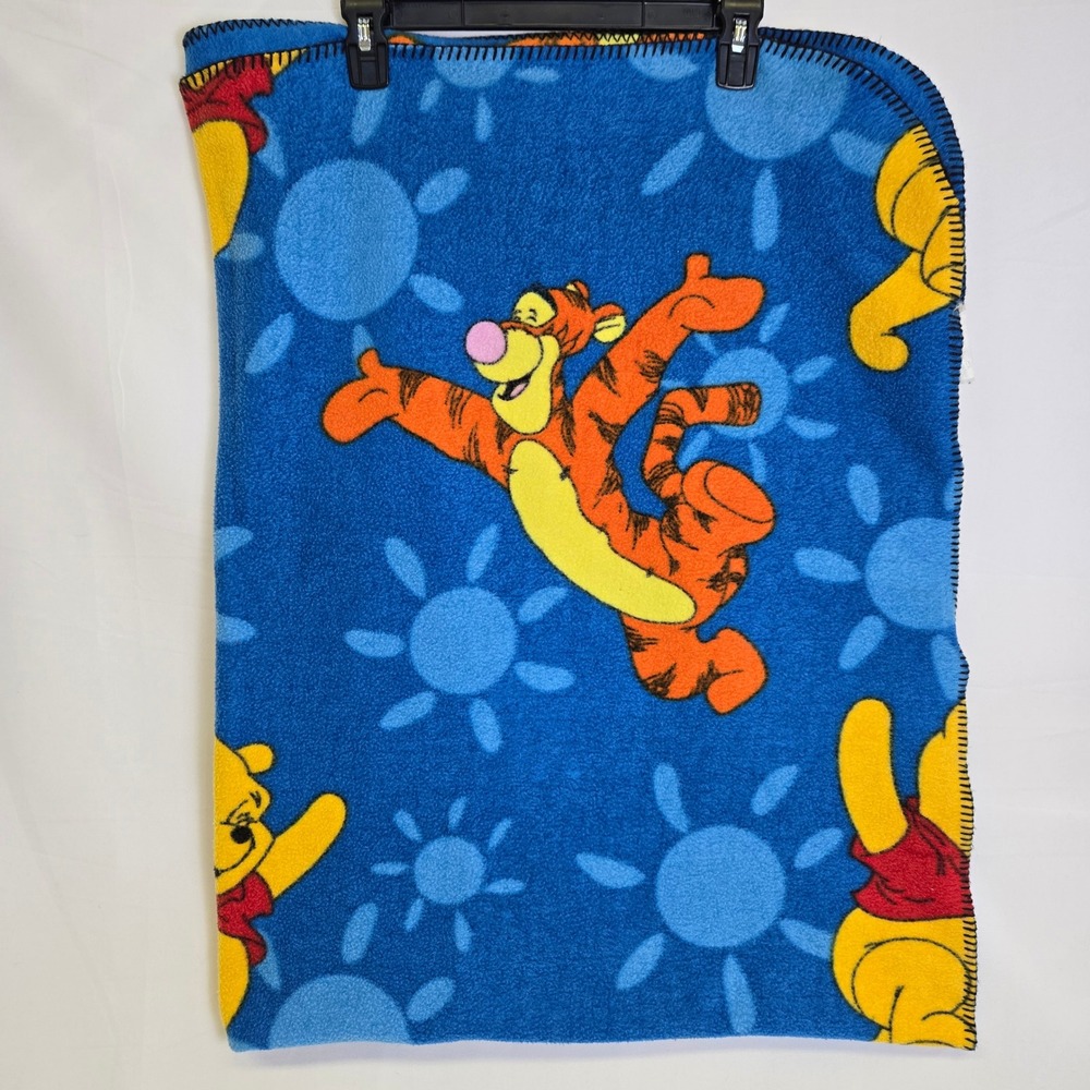 Disney Winnie The Pooh & Tigger Fleece Throw Blanket 46" x 63" Blue Vintage 90s